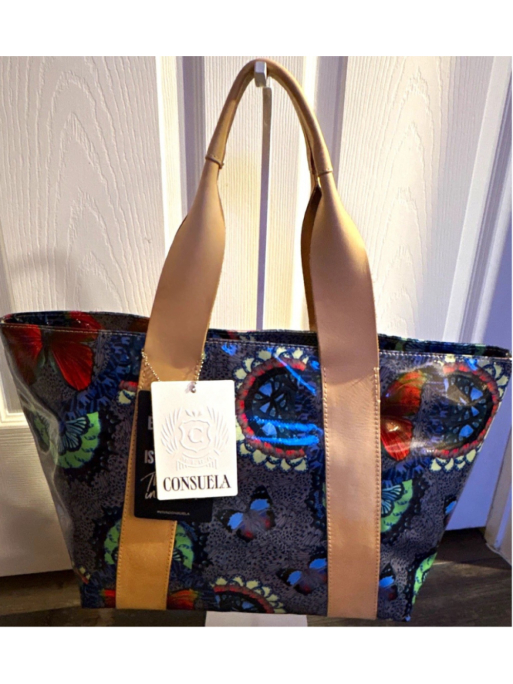 New Consuela Large Tote Bag Multicolor Butterfly Floral Tan Leather Handles